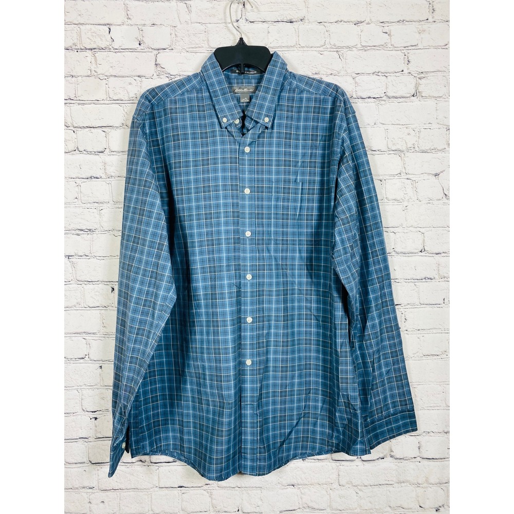 Eddie Bauer Button Down Mens Relaxed Fit Wrinkle Free Blue Plaid TL Excellent